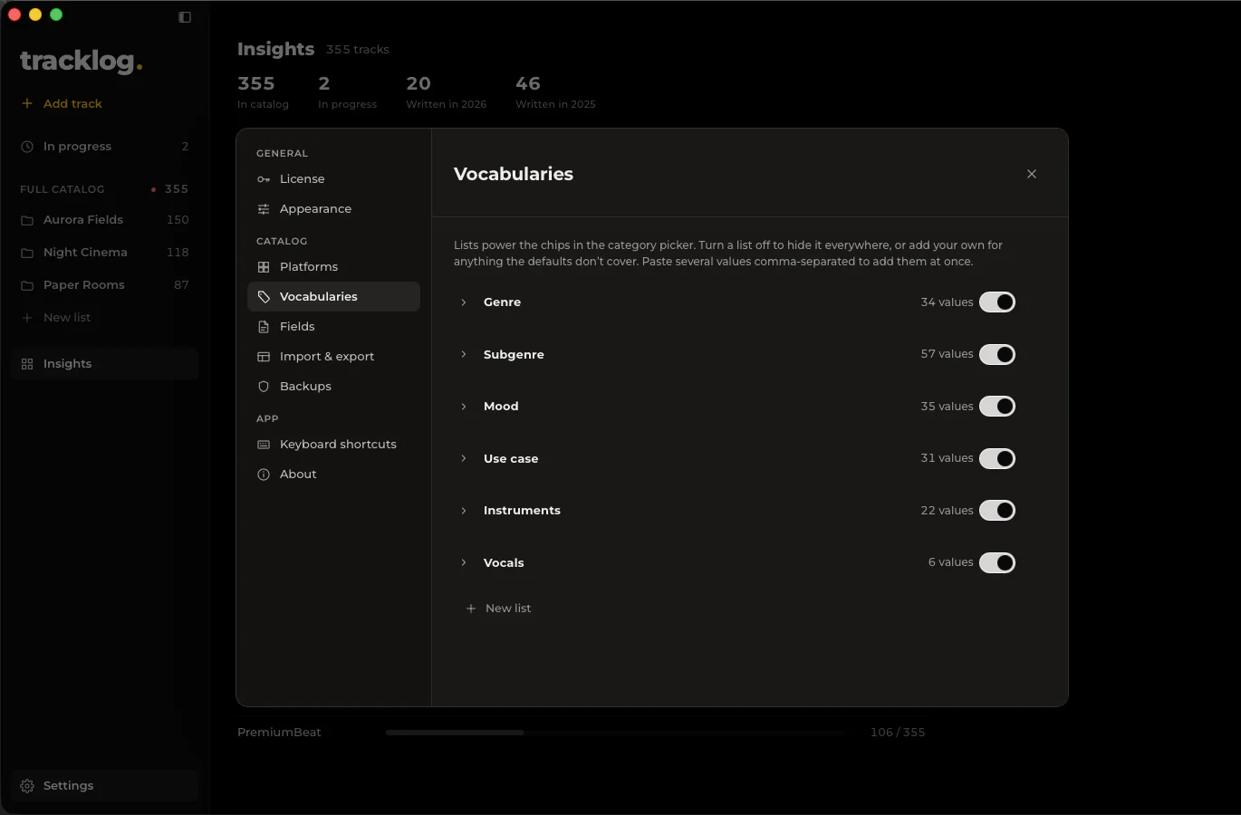 Settings: editable vocabularies for genre, subgenre, mood, use case, instruments and vocals — each a list you can toggle or extend.