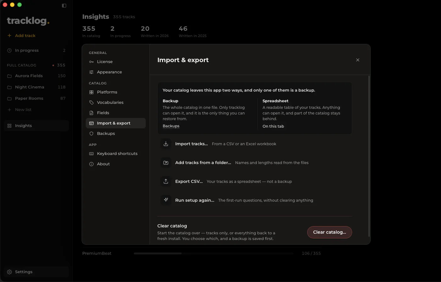 Import & export: import a CSV or Excel workbook, add tracks from a folder, export CSV, and full-catalogue backups.