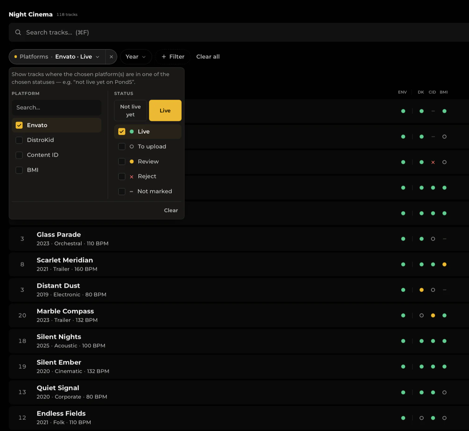 The platform filter open, showing the five statuses — Live, To upload, Review, Reject, Not marked — over a list of tracks with colour-coded status dots.