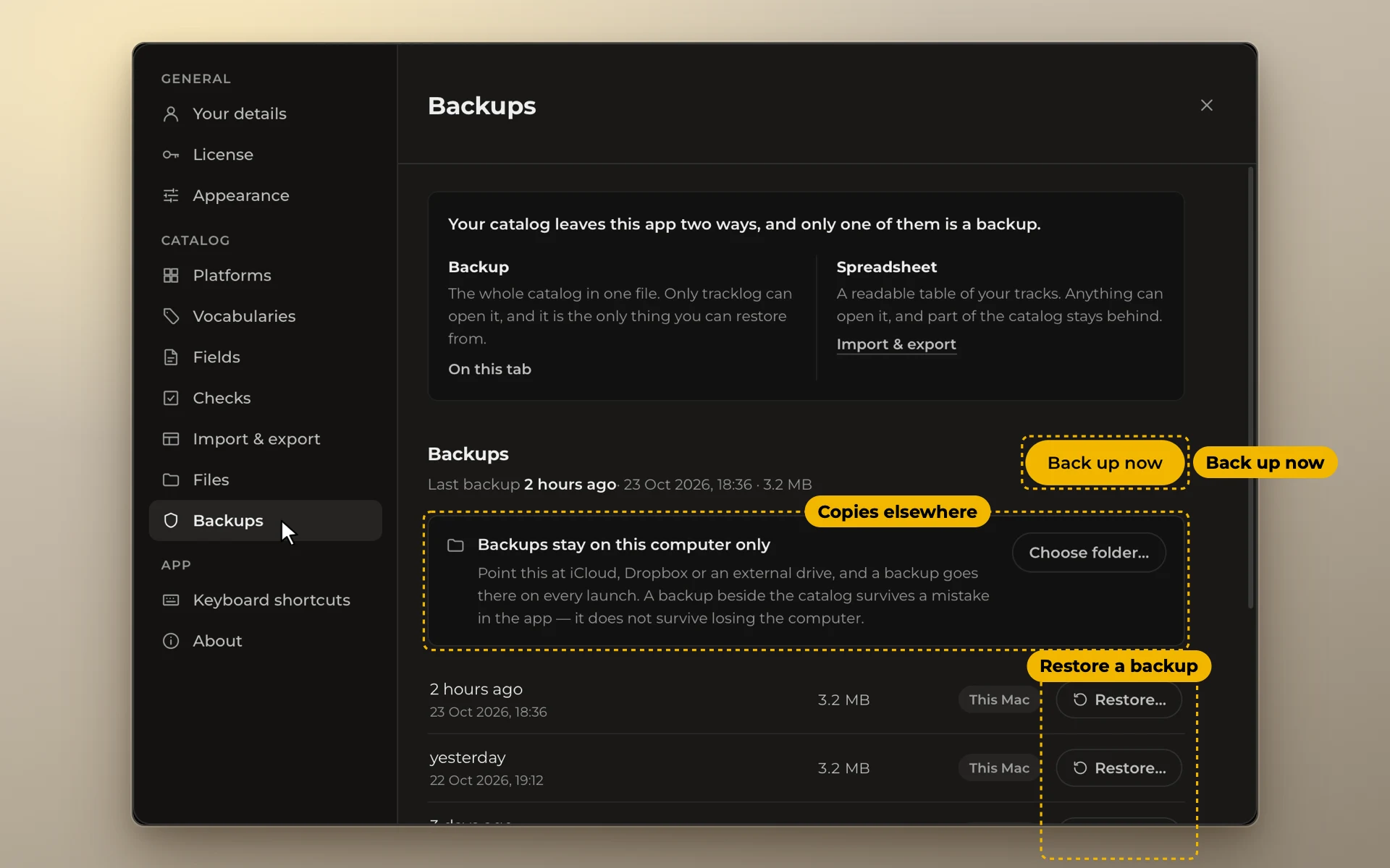 Settings, Backups, with its parts framed and named