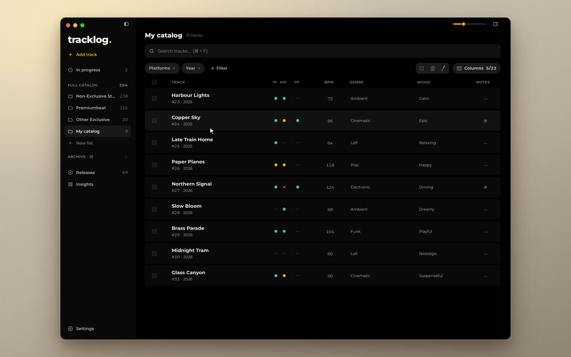 The catalog in tracklog: a row for each track, a column for each platform, a dot for the status.