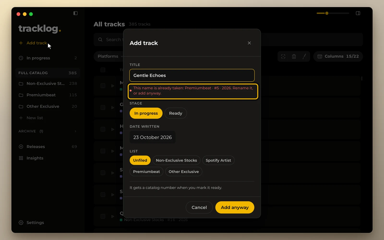 The Add track window warning that the title is already in the catalog
