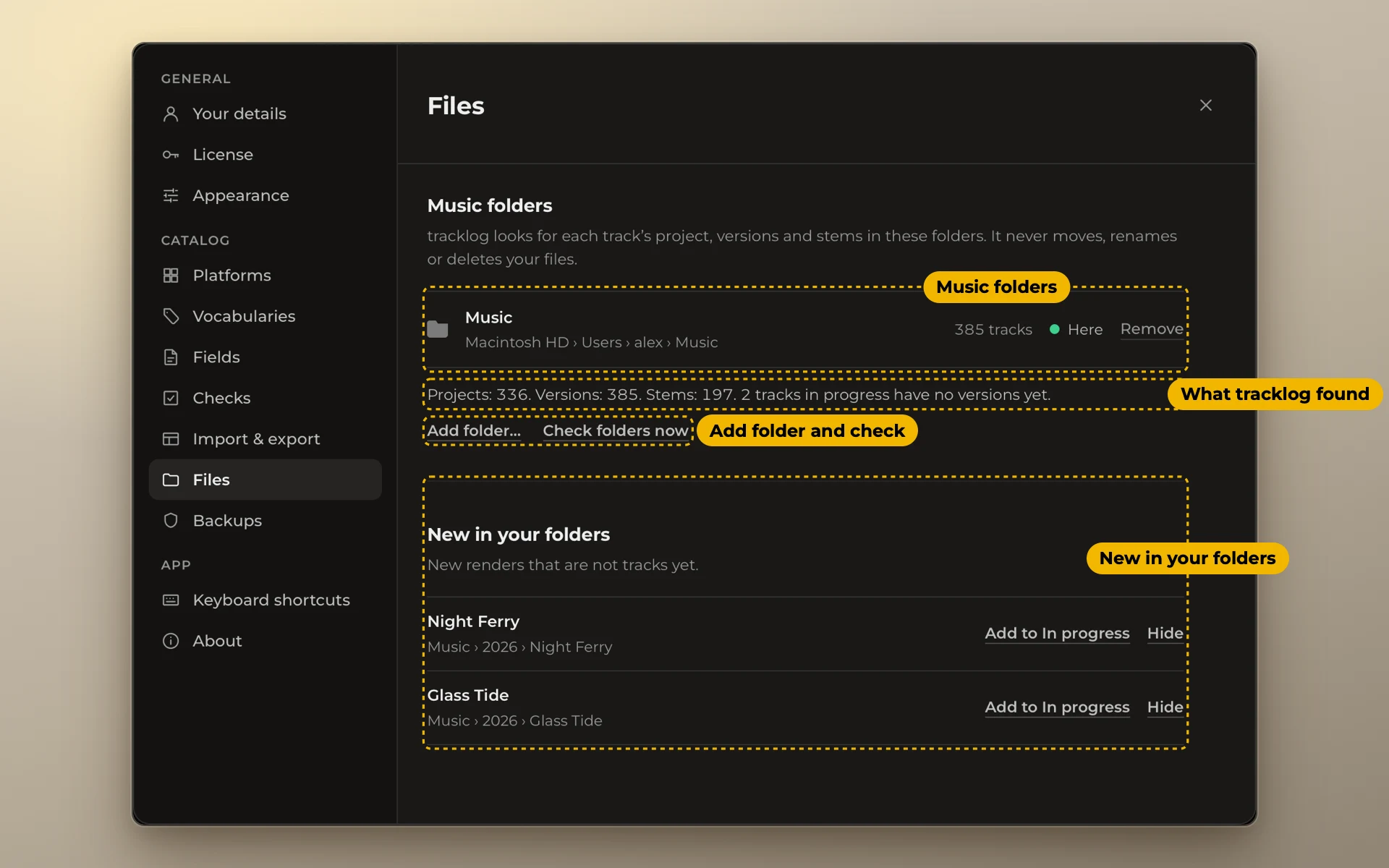 Settings, Files, with its parts framed and named