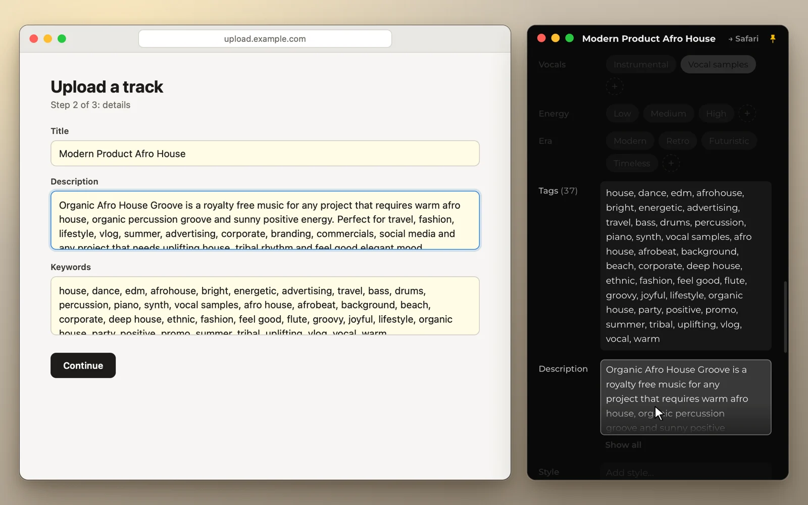 Fill mode: a click on a value in the track card pastes it into the upload form next to it.