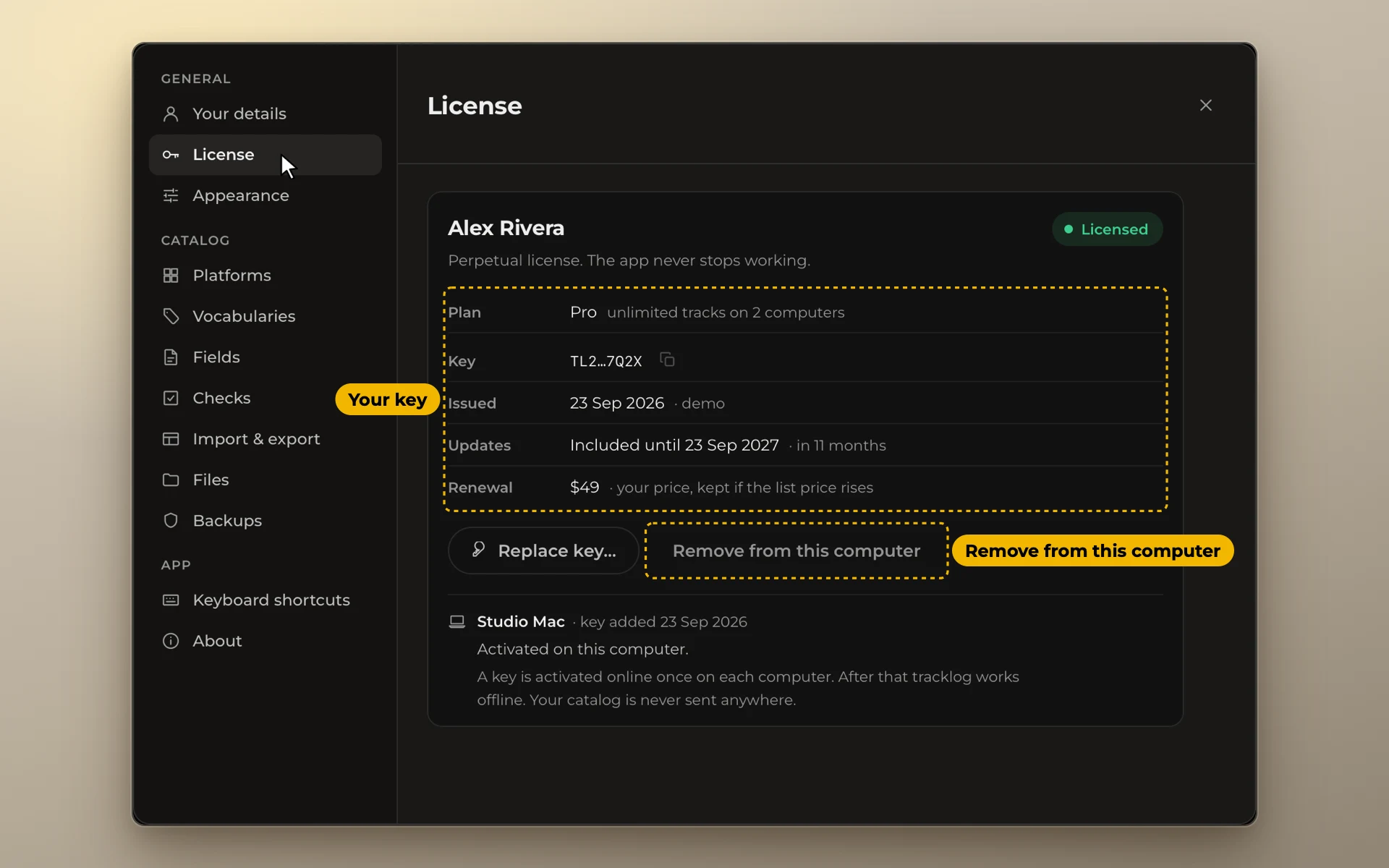 Settings, License, with the key and Remove from this computer framed