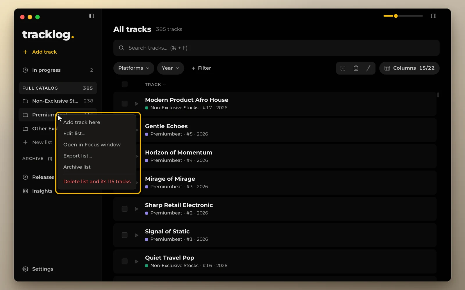 The menu of a list in the sidebar, opened by right-click