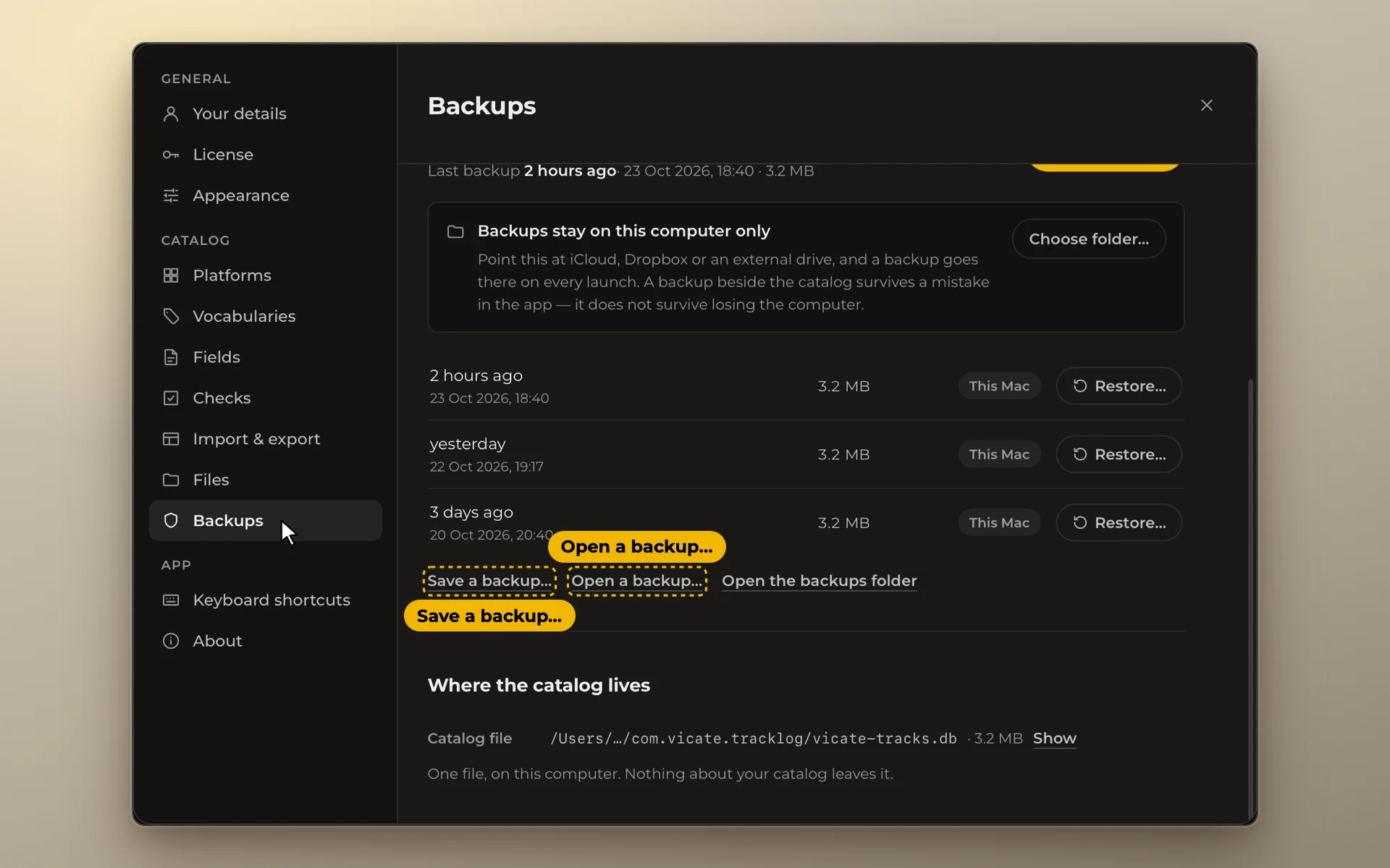 Settings, Backups, with Save a backup and Open a backup framed