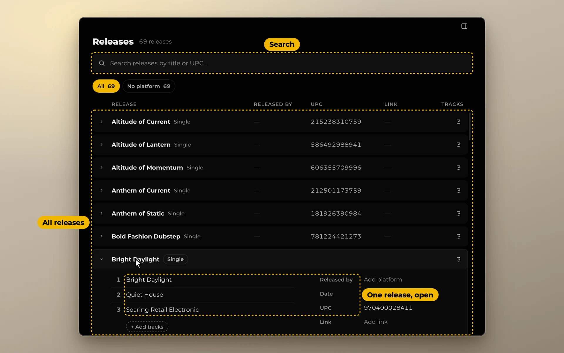 The Releases page with one release opened, framed and named