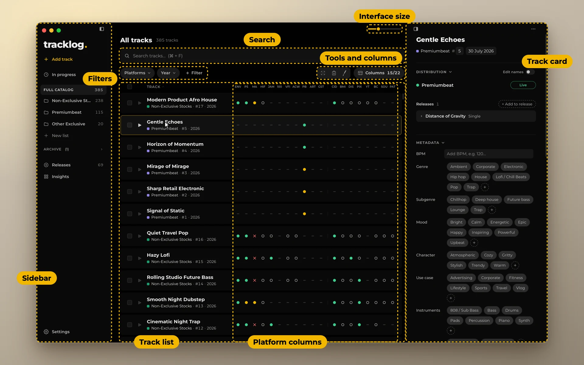The main window of tracklog with seven parts framed and named